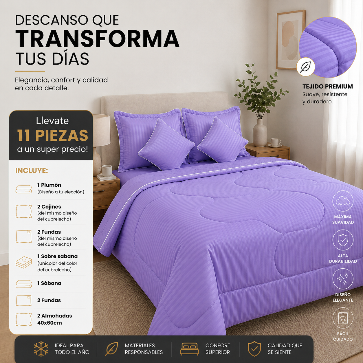 EDREDON DOBLE FAZ ACOLCHADO + 8 PIEZAS(2 COJINES, SABANAS DE 800 HILOS, SOBRESABANAS, FUNDAS) + 2 ALMOHADAS, TODO EN UN SOLO COMBO TOTAL 11 ARTICULOS