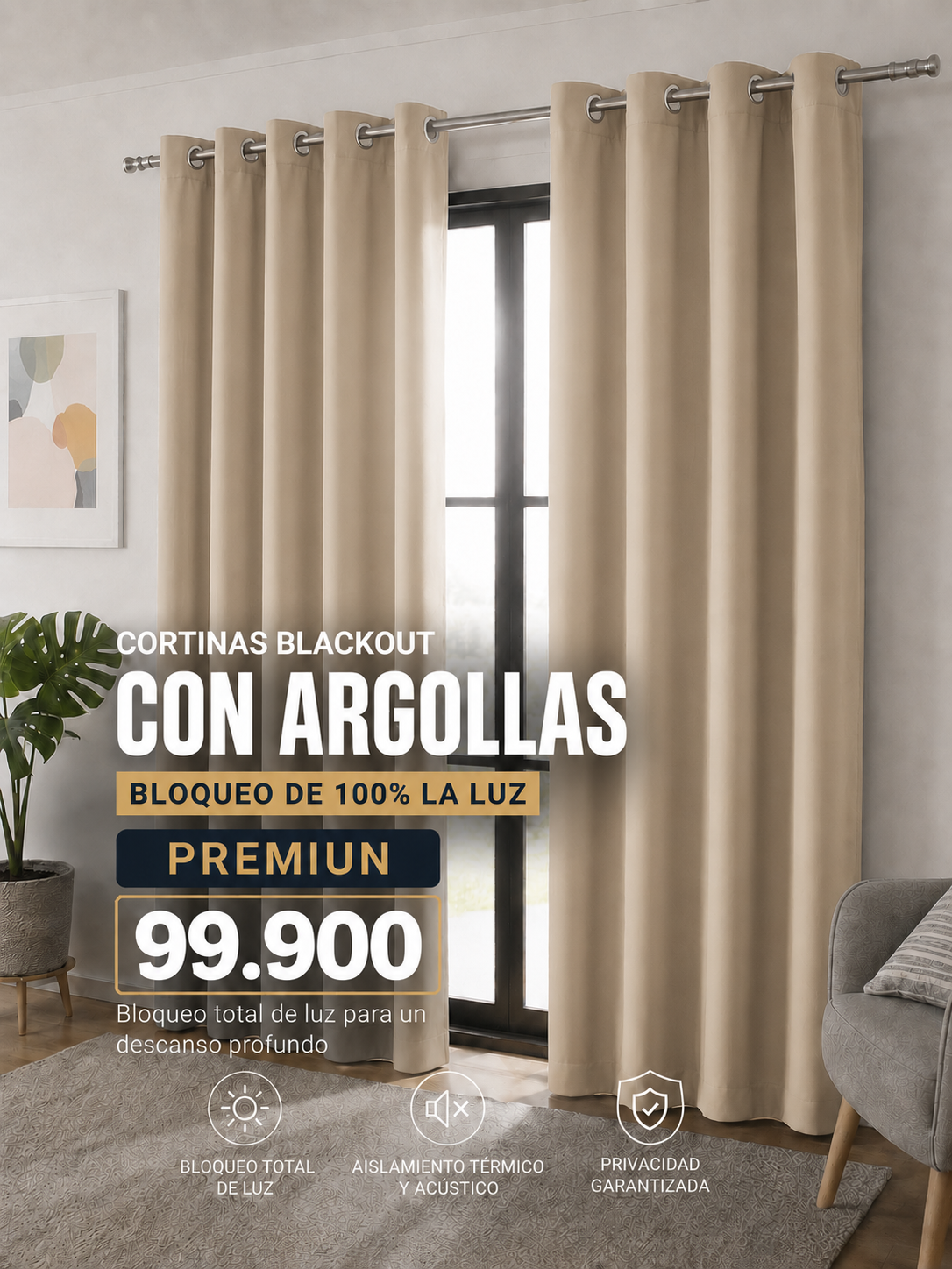 JUEGO DE CORTINAS INCLUYE 2 PANELES ANTILUZ- BLACKOUT CON ARGOLLAS PREMIUM  ( MEDIDA TOTAL . 3 METROS DE ANCHO X 2.30 DE ALTO)