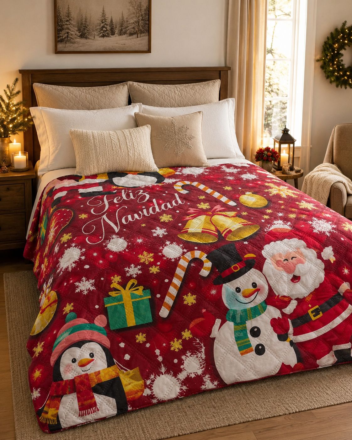 COLCHAS NAVIDAD DOBLE FAZ + FUNDAS PARA ALMOHADA DOBLE FAZ