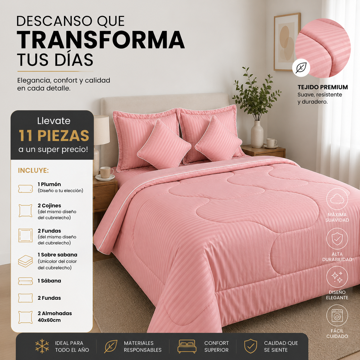 EDREDON DOBLE FAZ ACOLCHADO + 8 PIEZAS(2 COJINES, SABANAS DE 800 HILOS, SOBRESABANAS, FUNDAS) + 2 ALMOHADAS, TODO EN UN SOLO COMBO TOTAL 11 ARTICULOS