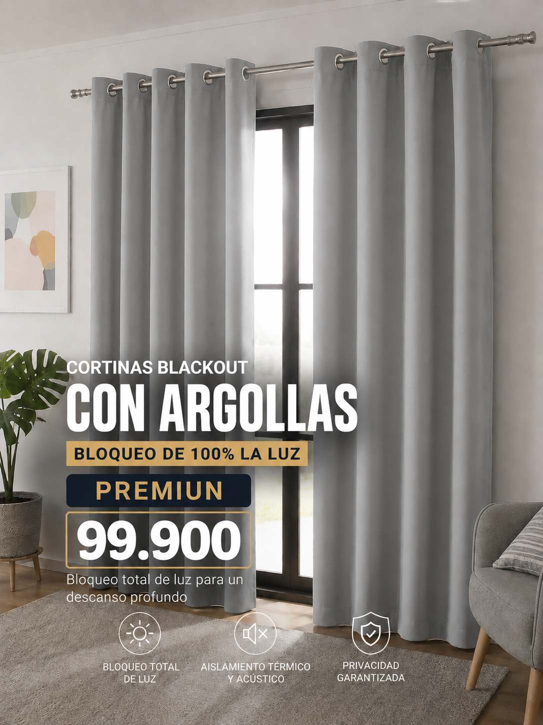 JUEGO DE CORTINAS INCLUYE 2 PANELES ANTILUZ- BLACKOUT CON ARGOLLAS PREMIUM  ( MEDIDA TOTAL . 3 METROS DE ANCHO X 2.30 DE ALTO)