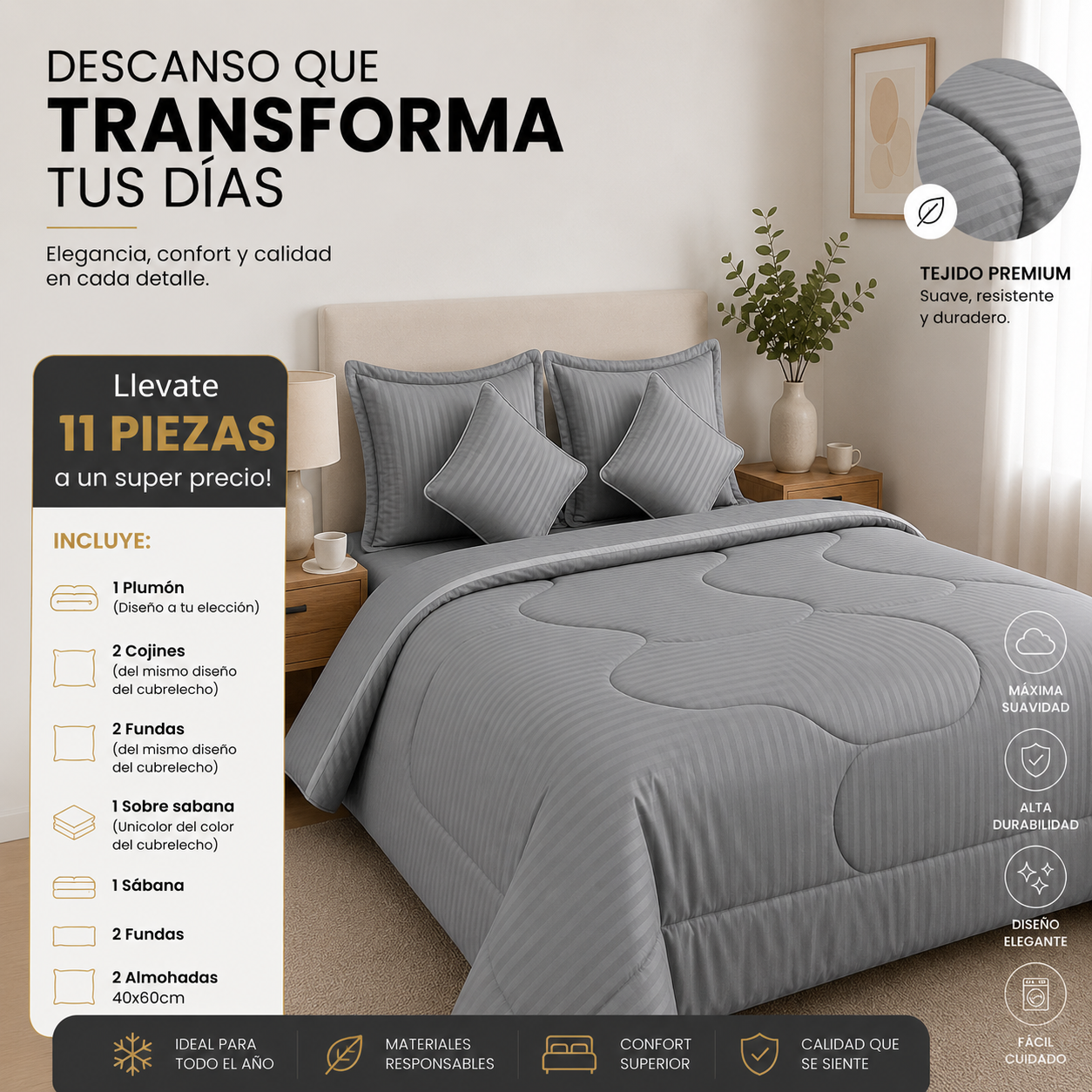 EDREDON DOBLE FAZ ACOLCHADO + 8 PIEZAS(2 COJINES, SABANAS DE 800 HILOS, SOBRESABANAS, FUNDAS) + 2 ALMOHADAS, TODO EN UN SOLO COMBO TOTAL 11 ARTICULOS