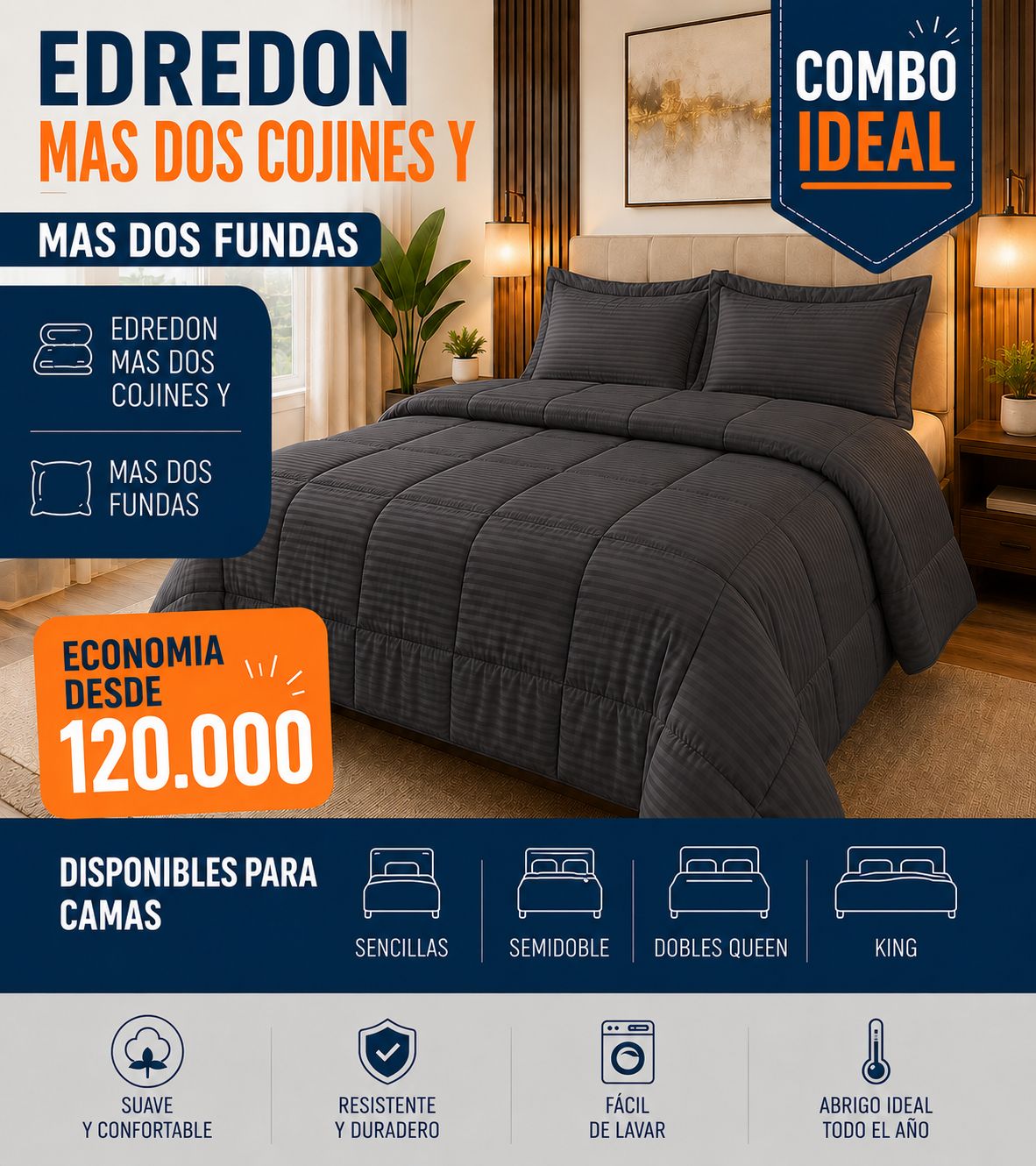 COMBO EDREDON  UNI 0 DOBLE FAZ + DOS FUNDAS + DOS COJINES