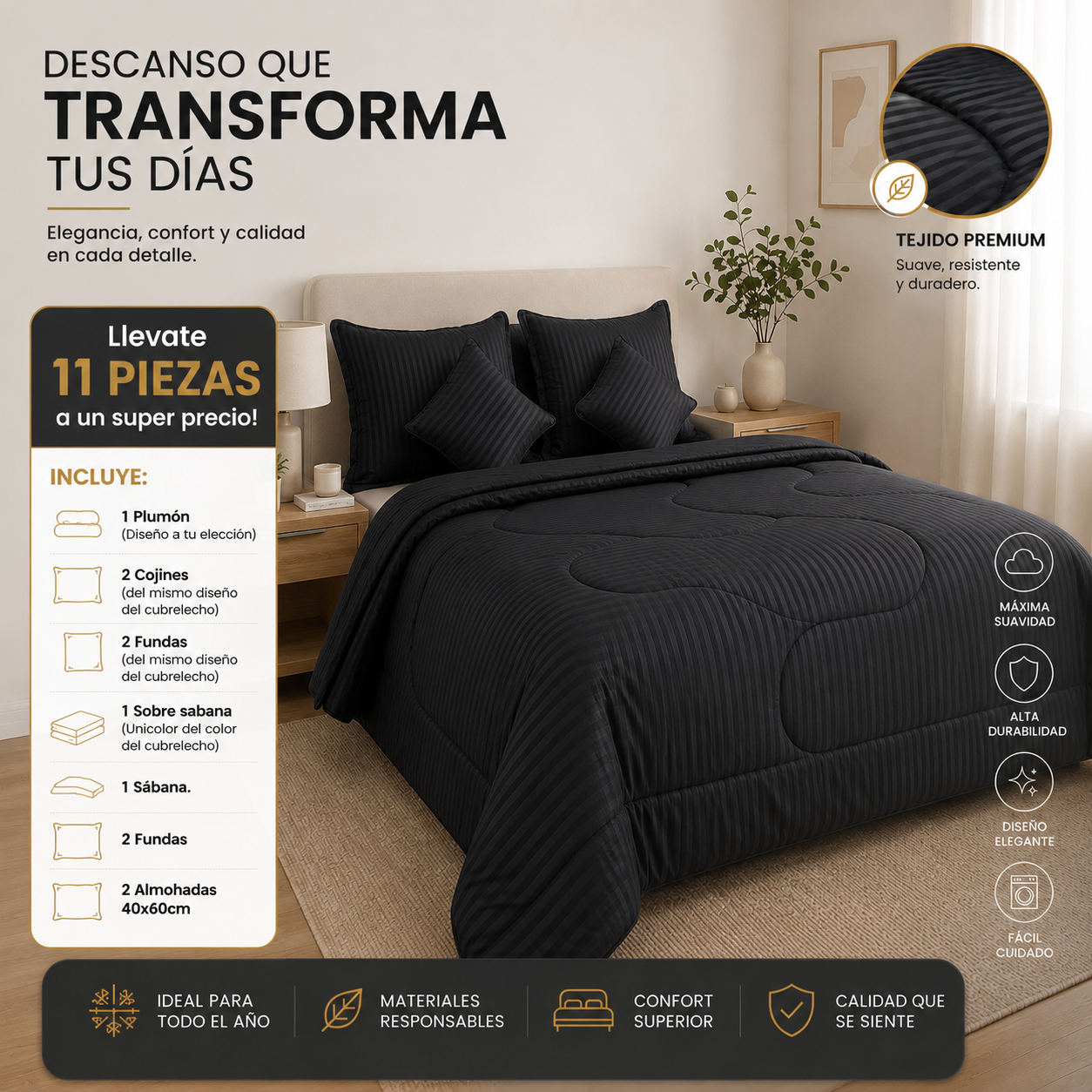 EDREDON DOBLE FAZ ACOLCHADO + 8 PIEZAS(2 COJINES, SABANAS DE 800 HILOS, SOBRESABANAS, FUNDAS) + 2 ALMOHADAS, TODO EN UN SOLO COMBO TOTAL 11 ARTICULOS