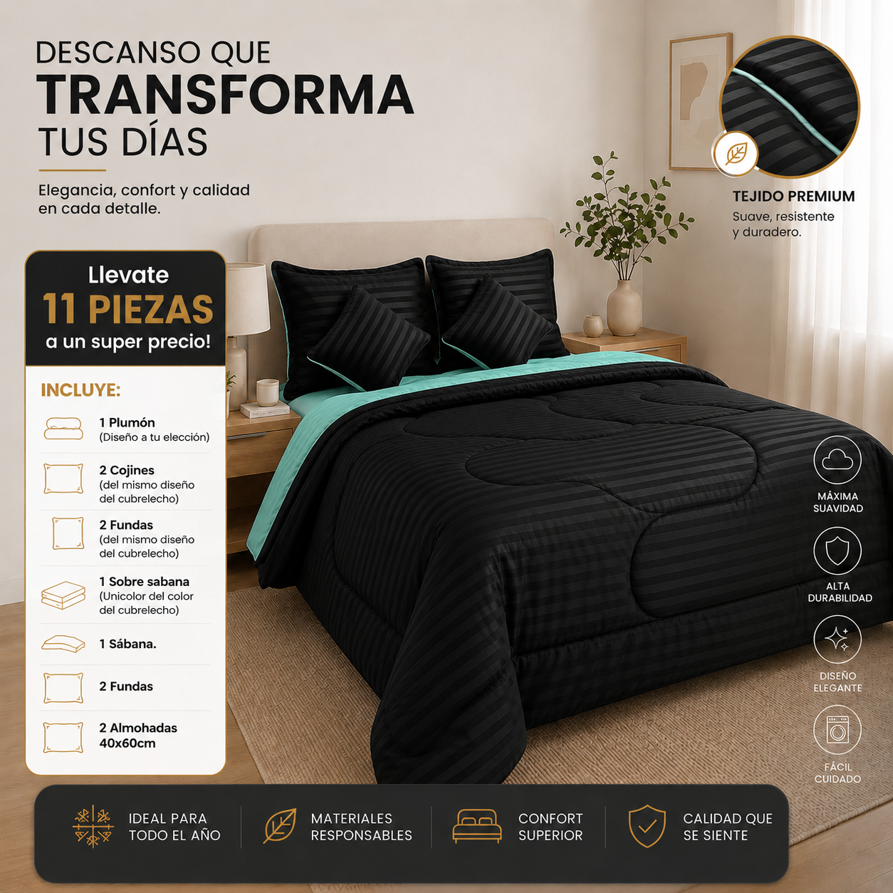 EDREDON DOBLE FAZ ACOLCHADO + 8 PIEZAS(2 COJINES, SABANAS DE 800 HILOS, SOBRESABANAS, FUNDAS) + 2 ALMOHADAS, TODO EN UN SOLO COMBO TOTAL 11 ARTICULOS
