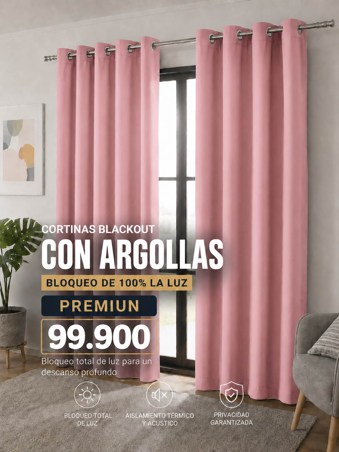 JUEGO DE CORTINAS INCLUYE 2 PANELES ANTILUZ- BLACKOUT CON ARGOLLAS PREMIUM  ( MEDIDA TOTAL . 3 METROS DE ANCHO X 2.30 DE ALTO)
