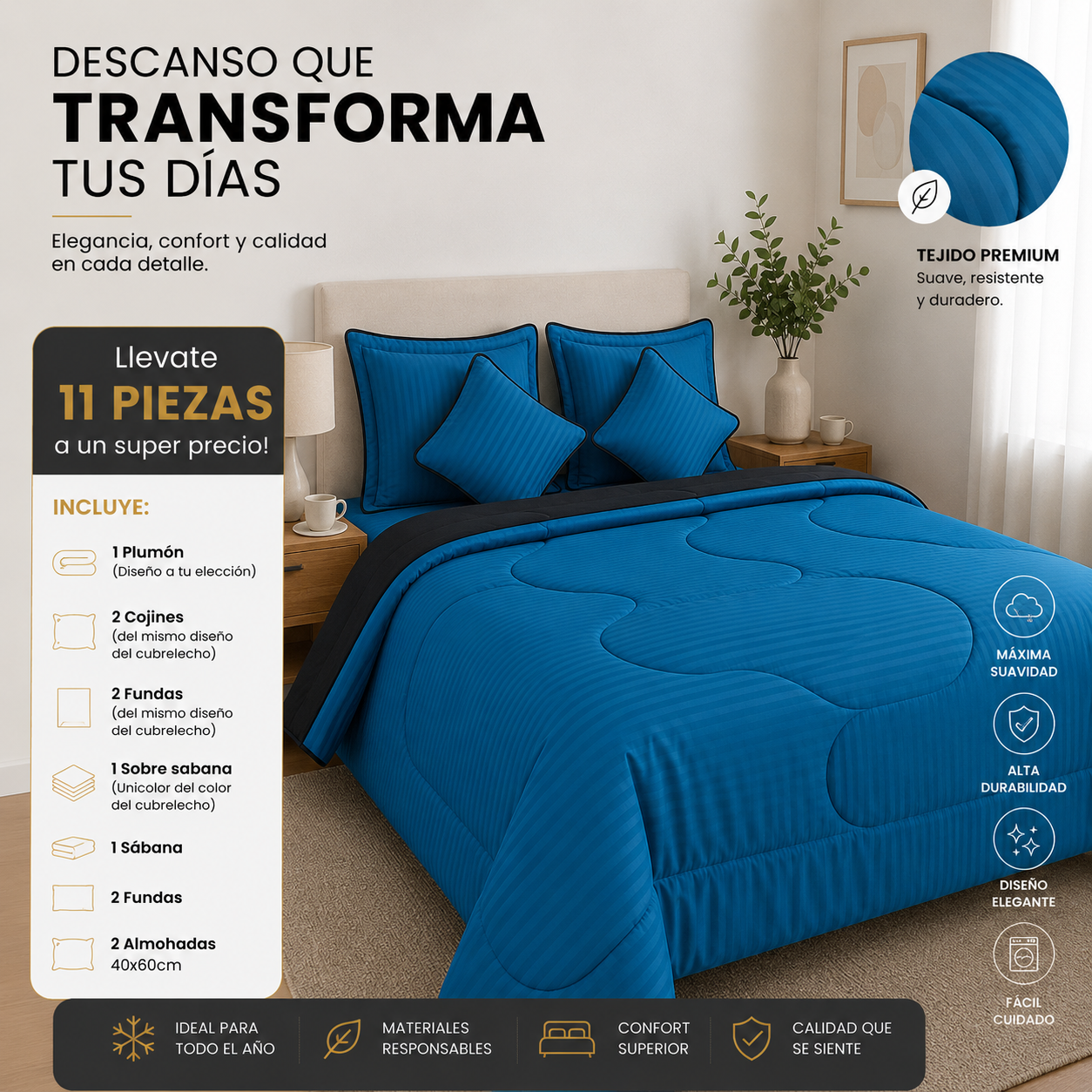EDREDON DOBLE FAZ ACOLCHADO + 8 PIEZAS(2 COJINES, SABANAS DE 800 HILOS, SOBRESABANAS, FUNDAS) + 2 ALMOHADAS, TODO EN UN SOLO COMBO TOTAL 11 ARTICULOS