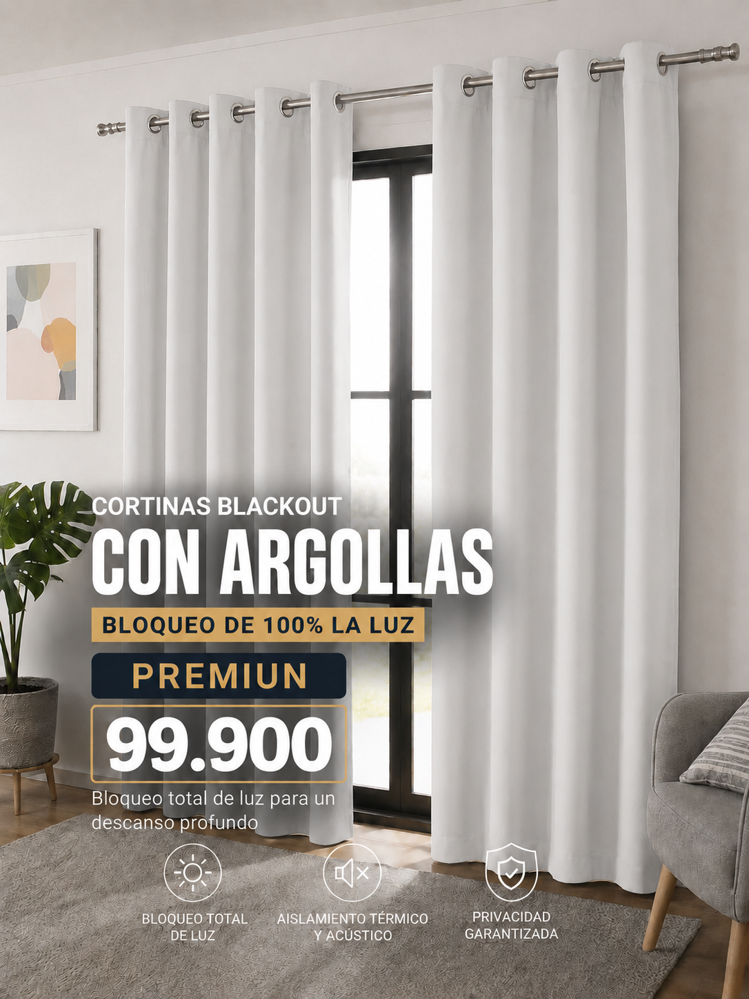 JUEGO DE CORTINAS INCLUYE 2 PANELES ANTILUZ- BLACKOUT CON ARGOLLAS PREMIUM  ( MEDIDA TOTAL . 3 METROS DE ANCHO X 2.30 DE ALTO)