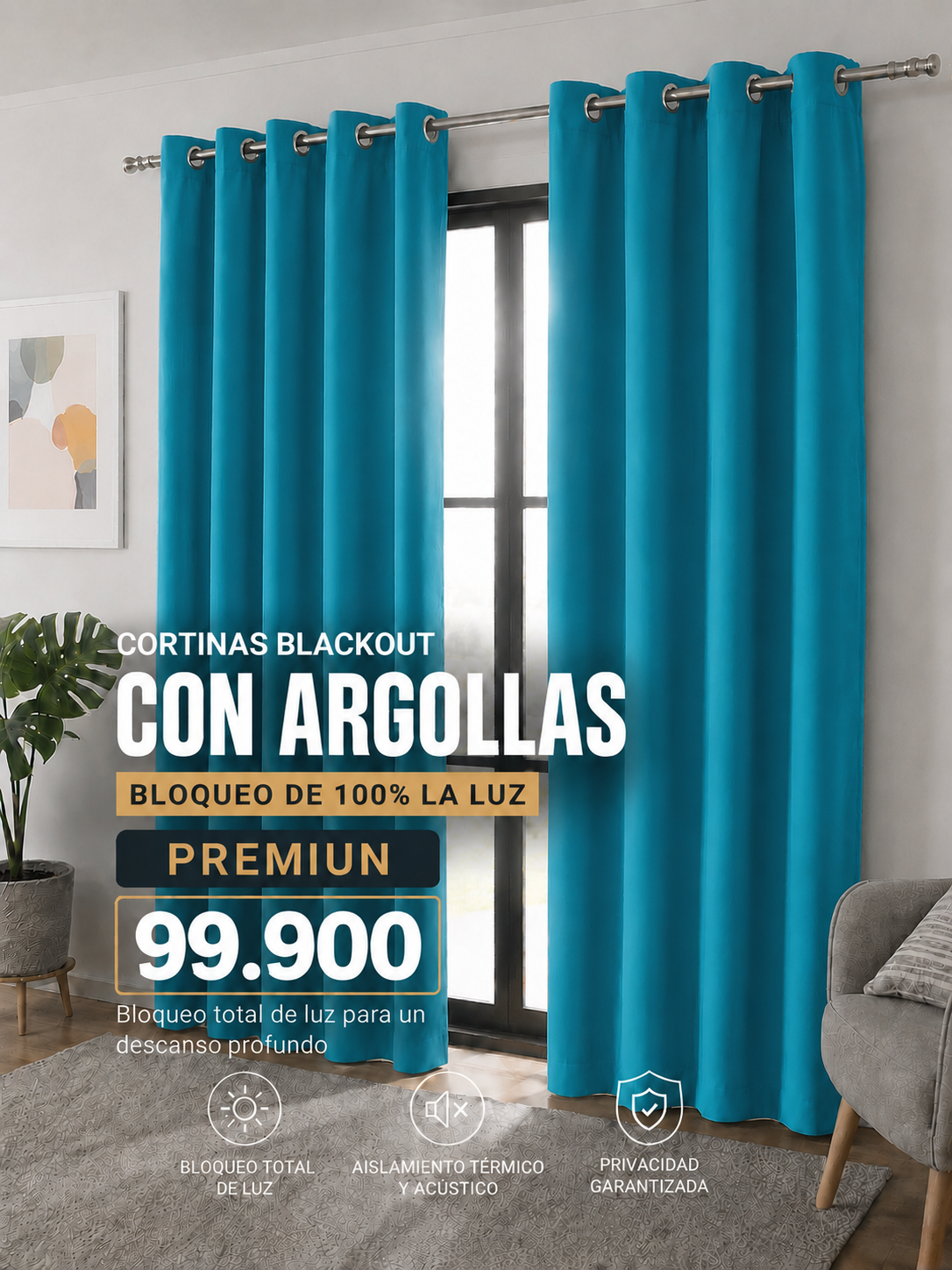 JUEGO DE CORTINAS INCLUYE 2 PANELES ANTILUZ- BLACKOUT CON ARGOLLAS PREMIUM  ( MEDIDA TOTAL . 3 METROS DE ANCHO X 2.30 DE ALTO)