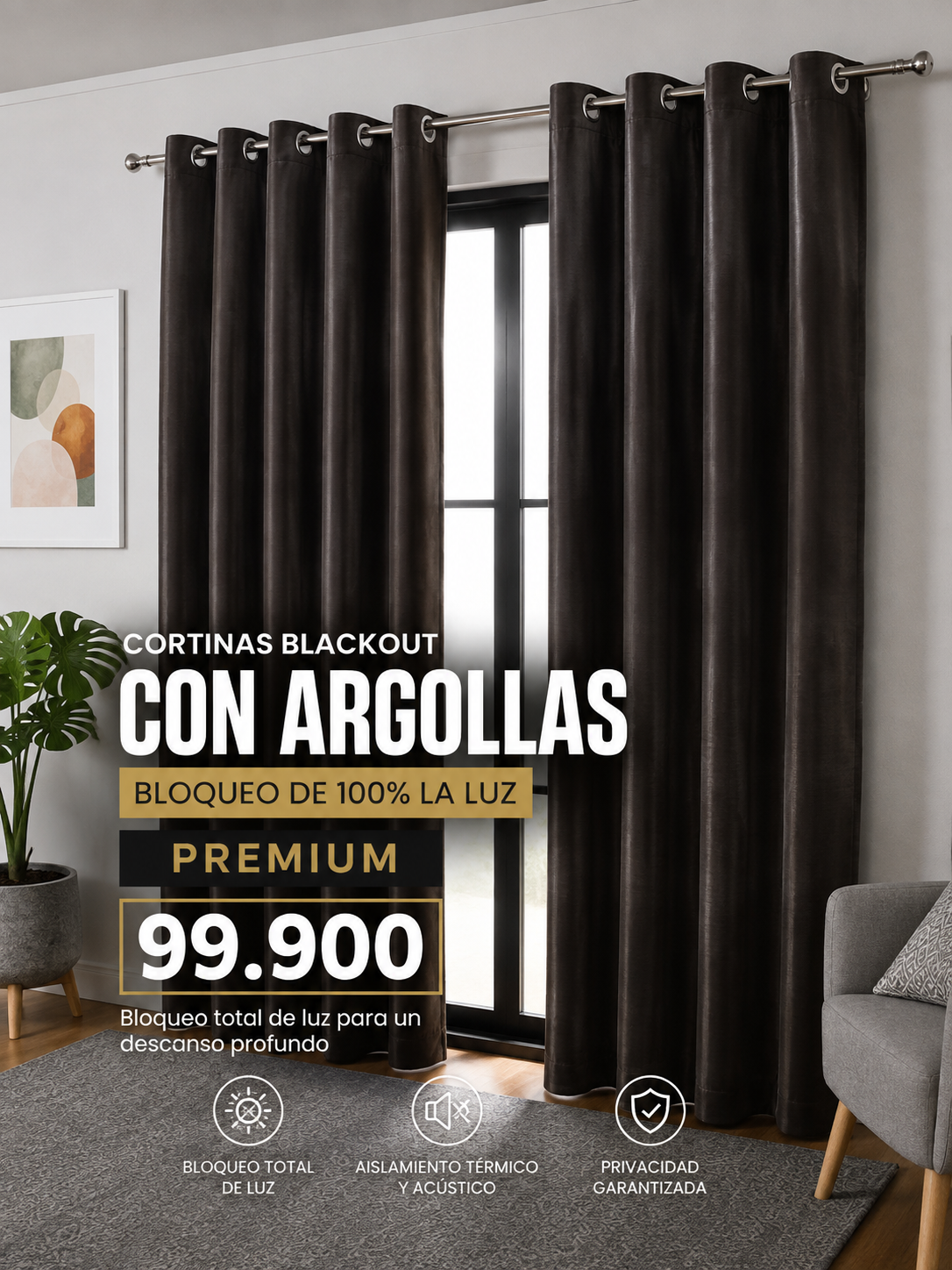 JUEGO DE CORTINAS INCLUYE 2 PANELES ANTILUZ- BLACKOUT CON ARGOLLAS PREMIUM  ( MEDIDA TOTAL . 3 METROS DE ANCHO X 2.30 DE ALTO)