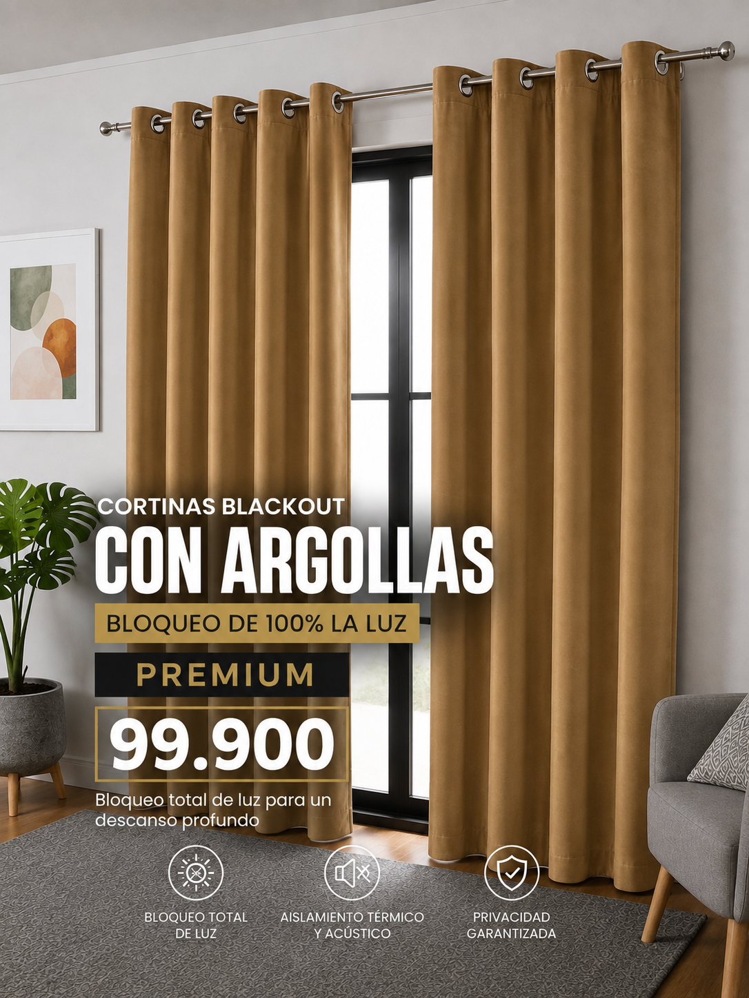 JUEGO DE CORTINAS INCLUYE 2 PANELES ANTILUZ- BLACKOUT CON ARGOLLAS PREMIUM  ( MEDIDA TOTAL . 3 METROS DE ANCHO X 2.30 DE ALTO)