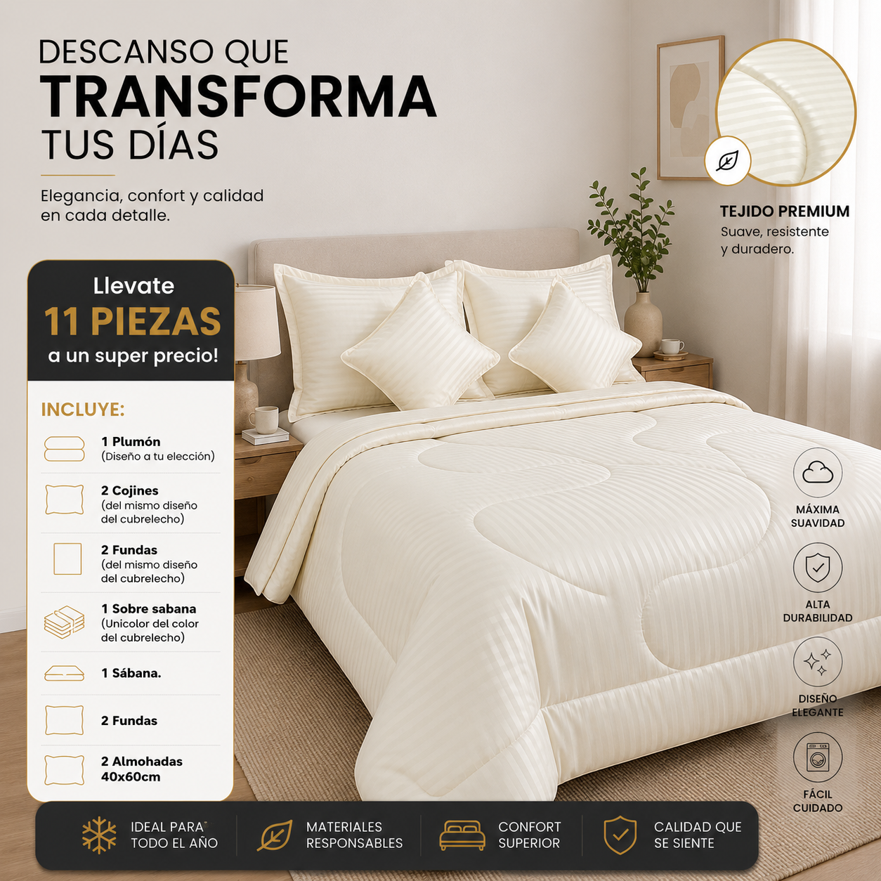 EDREDON DOBLE FAZ ACOLCHADO + 8 PIEZAS(2 COJINES, SABANAS DE 800 HILOS, SOBRESABANAS, FUNDAS) + 2 ALMOHADAS, TODO EN UN SOLO COMBO TOTAL 11 ARTICULOS