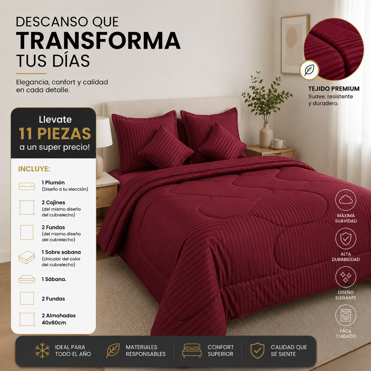 EDREDON DOBLE FAZ ACOLCHADO + 8 PIEZAS(2 COJINES, SABANAS DE 800 HILOS, SOBRESABANAS, FUNDAS) + 2 ALMOHADAS, TODO EN UN SOLO COMBO TOTAL 11 ARTICULOS