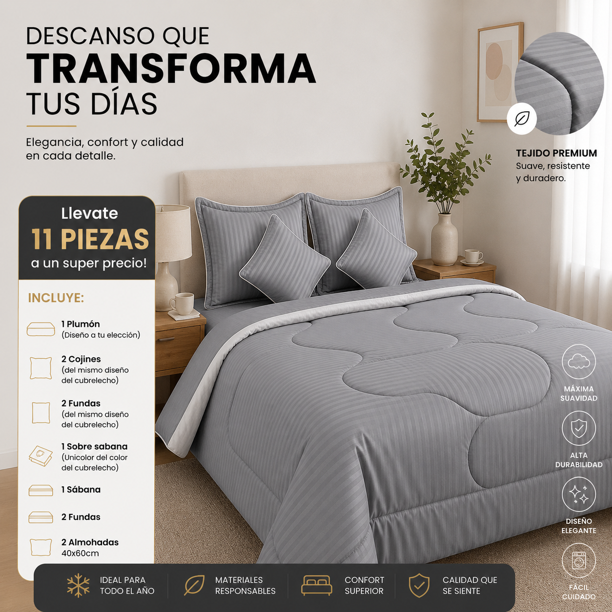 EDREDON DOBLE FAZ ACOLCHADO + 8 PIEZAS(2 COJINES, SABANAS DE 800 HILOS, SOBRESABANAS, FUNDAS) + 2 ALMOHADAS, TODO EN UN SOLO COMBO TOTAL 11 ARTICULOS