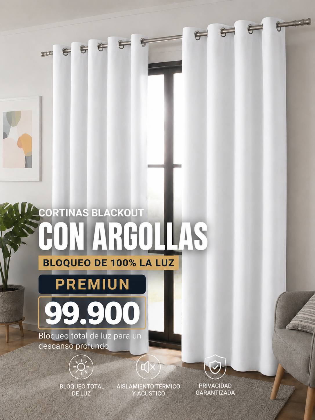 JUEGO DE CORTINAS INCLUYE 2 PANELES ANTILUZ- BLACKOUT CON ARGOLLAS PREMIUM  ( MEDIDA TOTAL . 3 METROS DE ANCHO X 2.30 DE ALTO)
