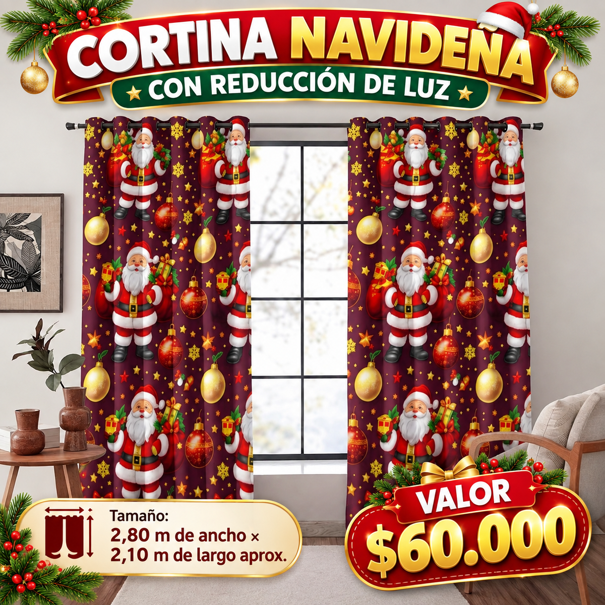 JUEGO DE CORTINAS INCLUYE 2 PANELES ANTILUZ- BLACKOUT CON ARGOLLAS PREMIUM  ( MEDIDA TOTAL . 3 METROS DE ANCHO X 2.30 DE ALTO)