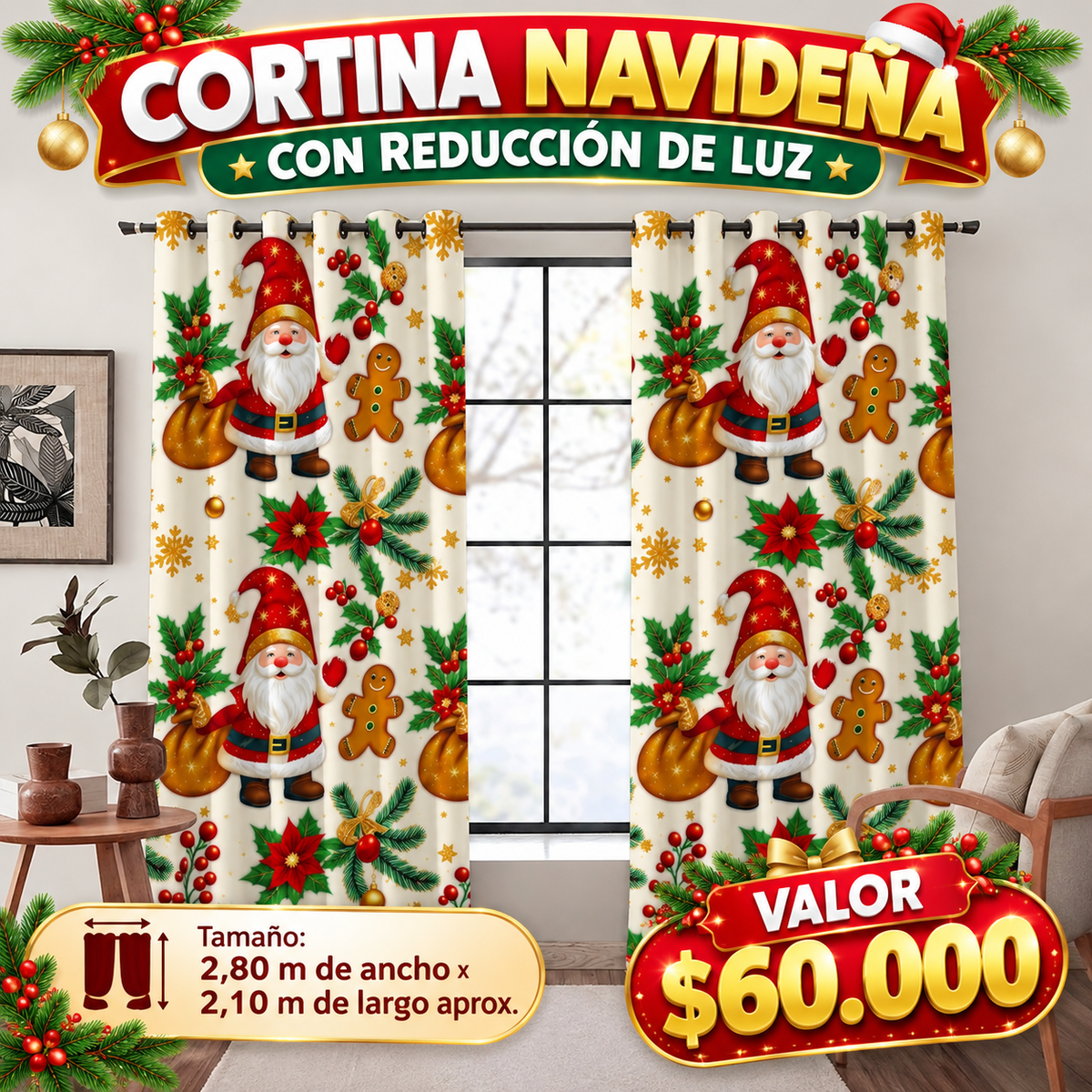 JUEGO DE CORTINAS INCLUYE 2 PANELES ANTILUZ- BLACKOUT CON ARGOLLAS PREMIUM  ( MEDIDA TOTAL . 3 METROS DE ANCHO X 2.30 DE ALTO)