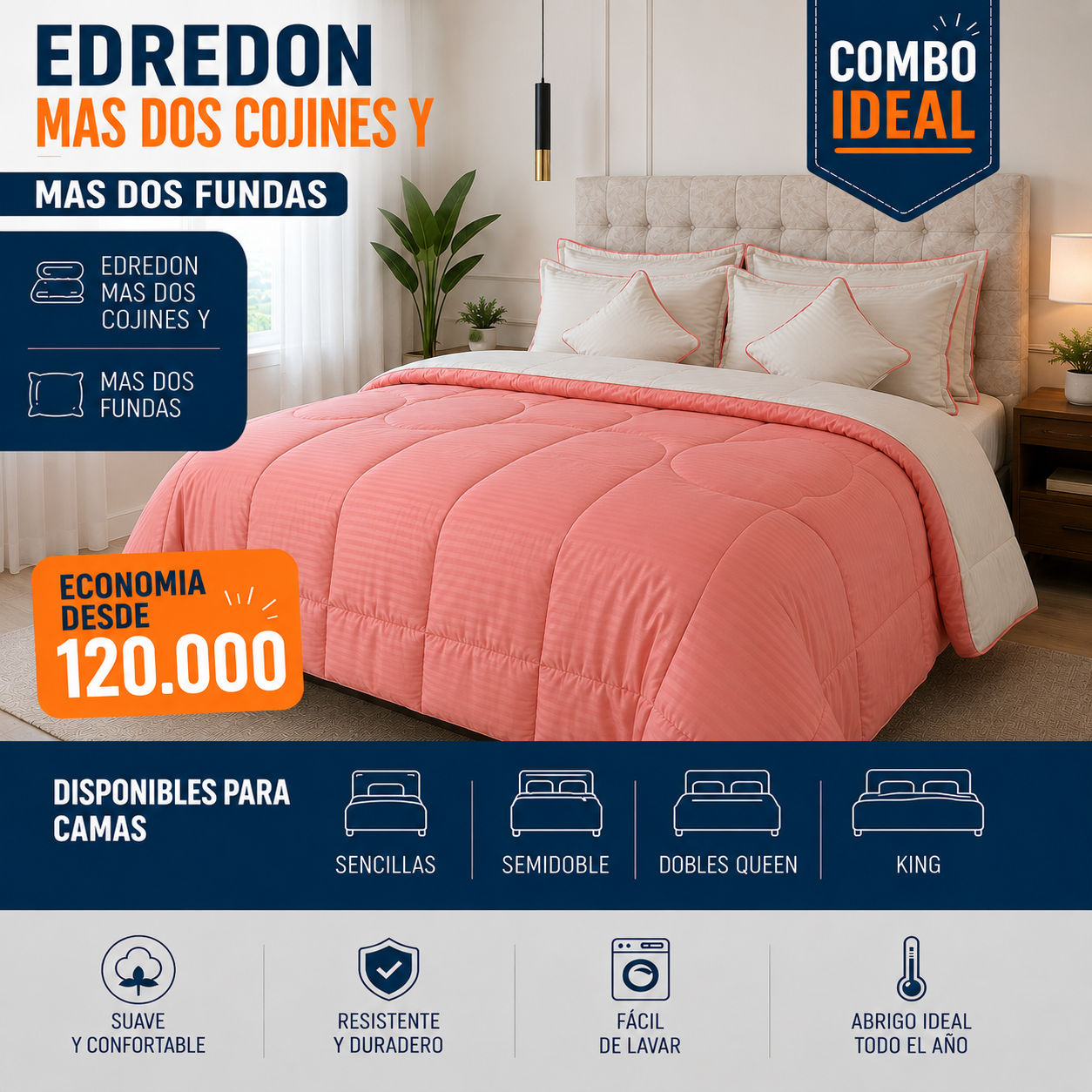 COMBO EDREDON  UNI 0 DOBLE FAZ + DOS FUNDAS + DOS COJINES