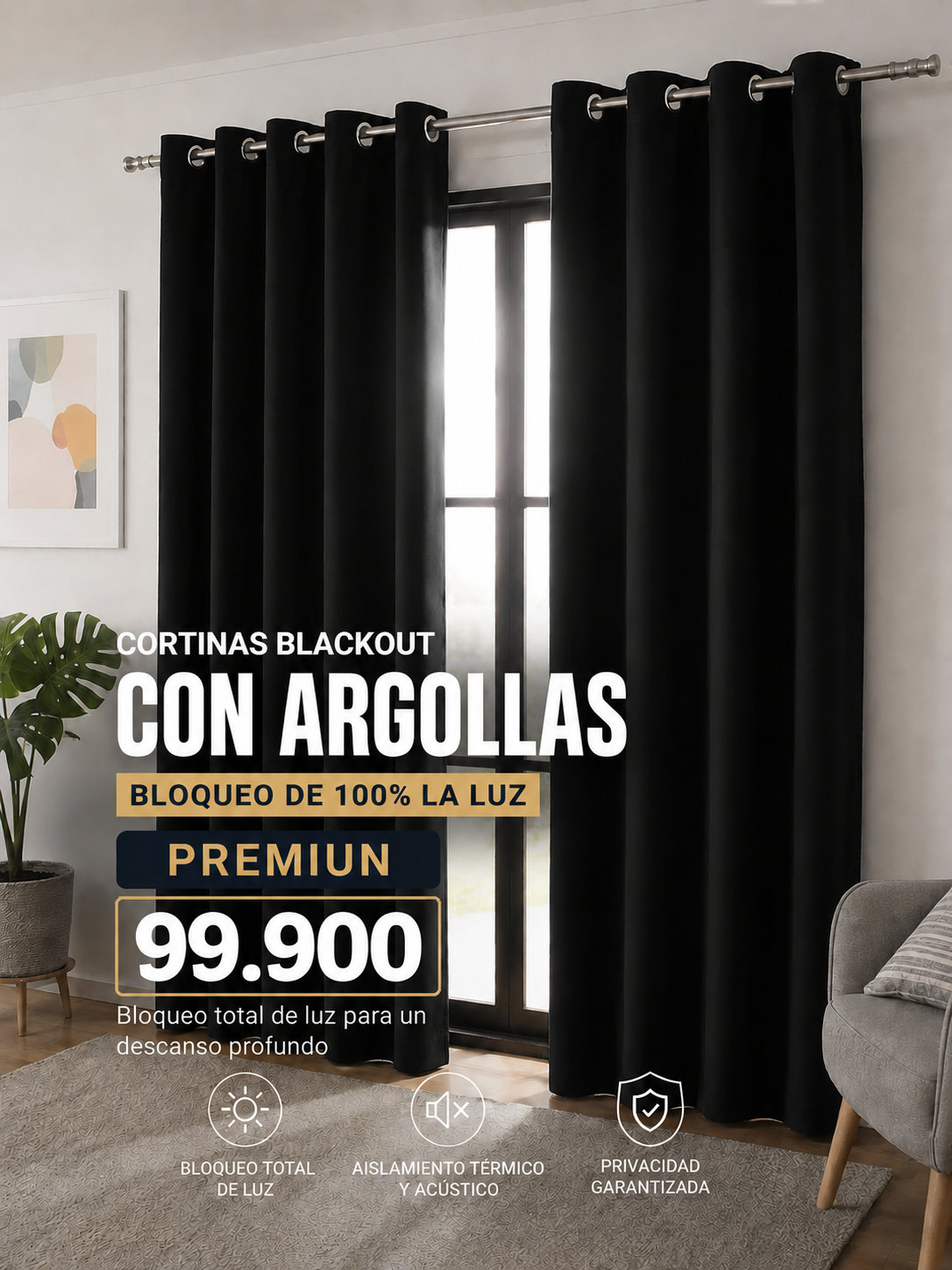 JUEGO DE CORTINAS INCLUYE 2 PANELES ANTILUZ- BLACKOUT CON ARGOLLAS PREMIUM  ( MEDIDA TOTAL . 3 METROS DE ANCHO X 2.30 DE ALTO)