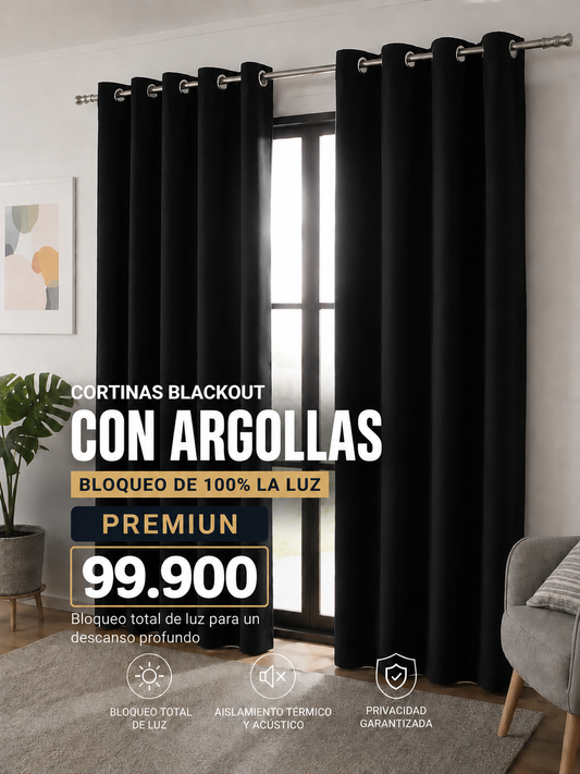 JUEGO DE CORTINAS INCLUYE 2 PANELES ANTILUZ- BLACKOUT CON ARGOLLAS PREMIUM  ( MEDIDA TOTAL . 3 METROS DE ANCHO X 2.30 DE ALTO)