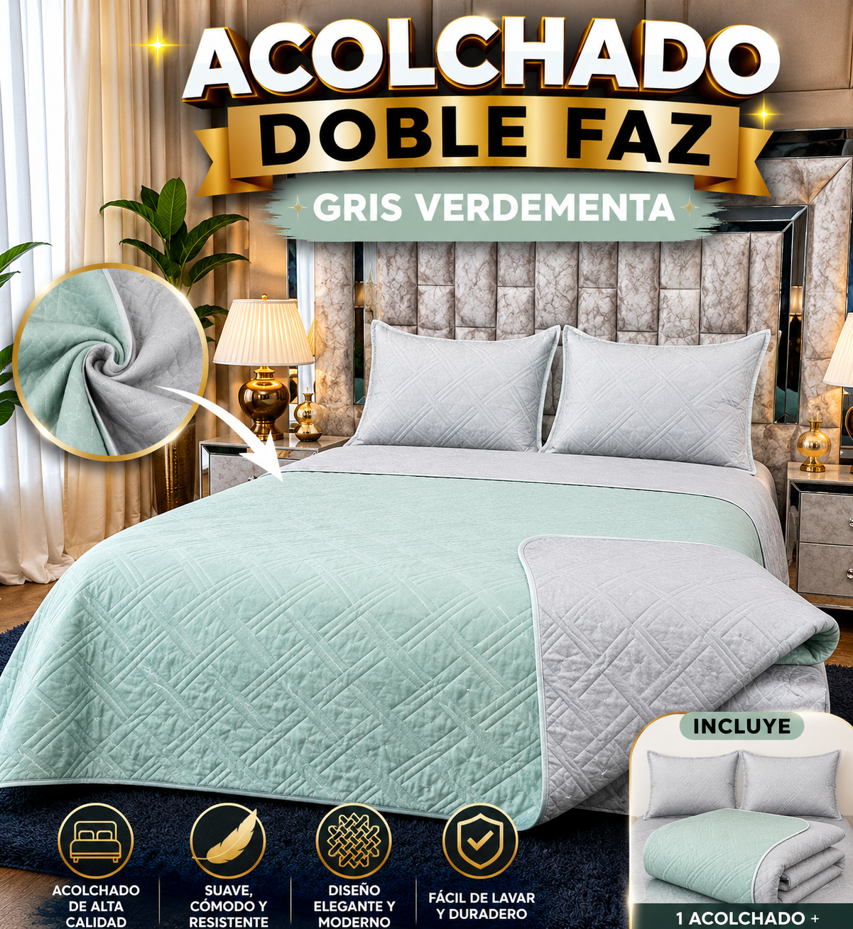 ACOLCHADO DOBLE FAZ MAS FUNDAS- COMBO