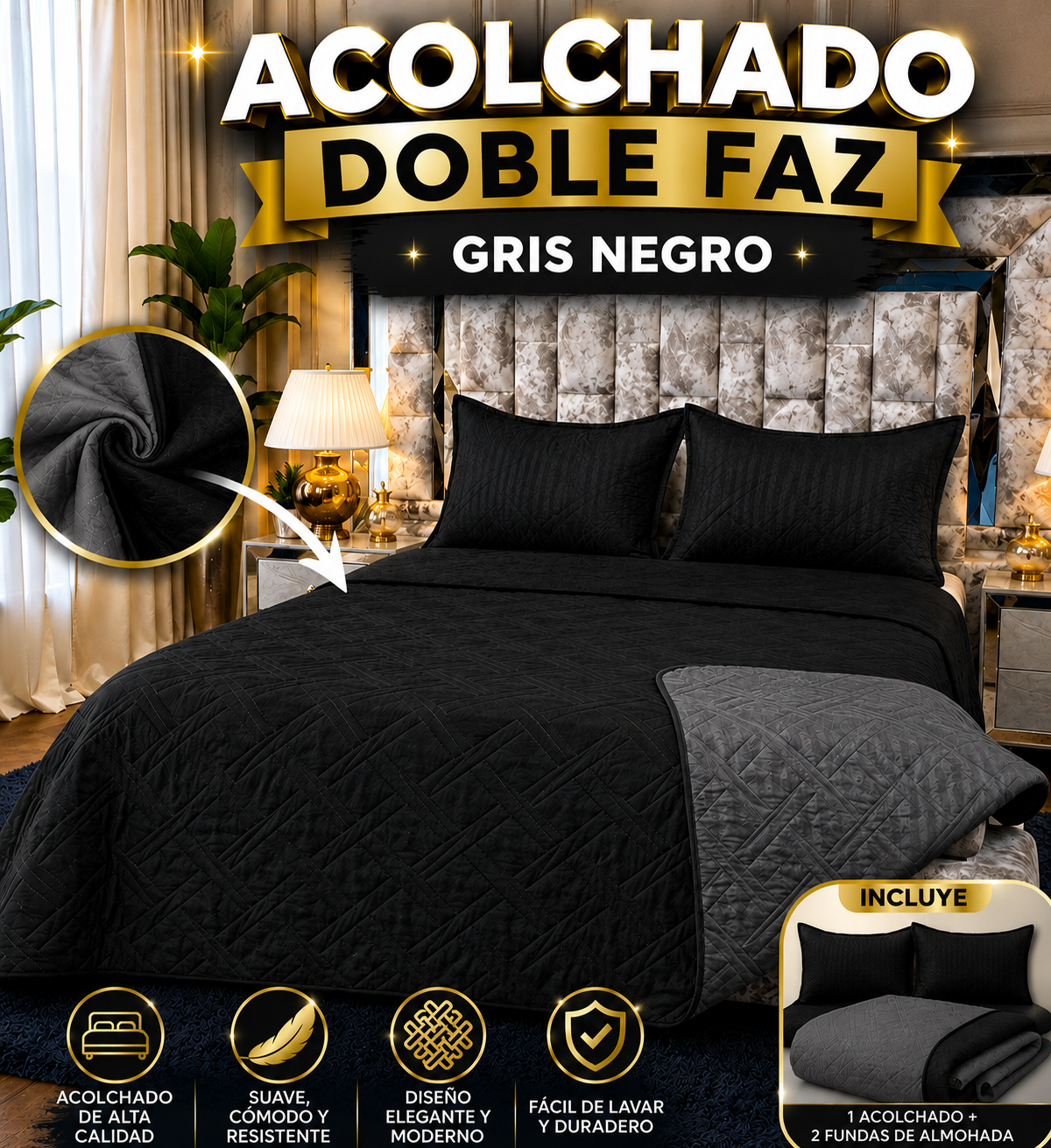 ACOLCHADO DOBLE FAZ MAS FUNDAS- COMBO