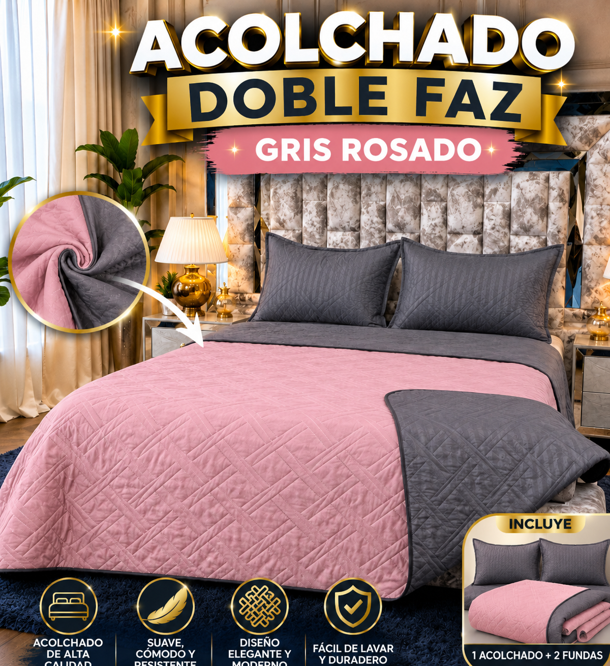 ACOLCHADO DOBLE FAZ MAS FUNDAS- COMBO