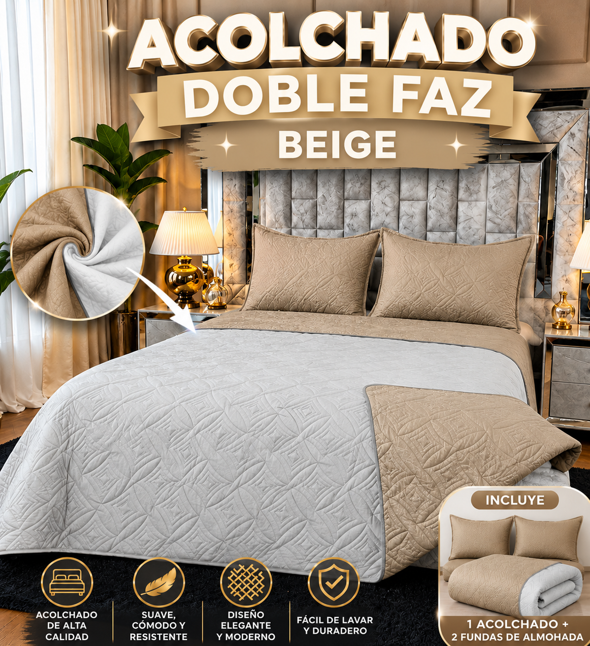ACOLCHADO DOBLE FAZ MAS FUNDAS- COMBO