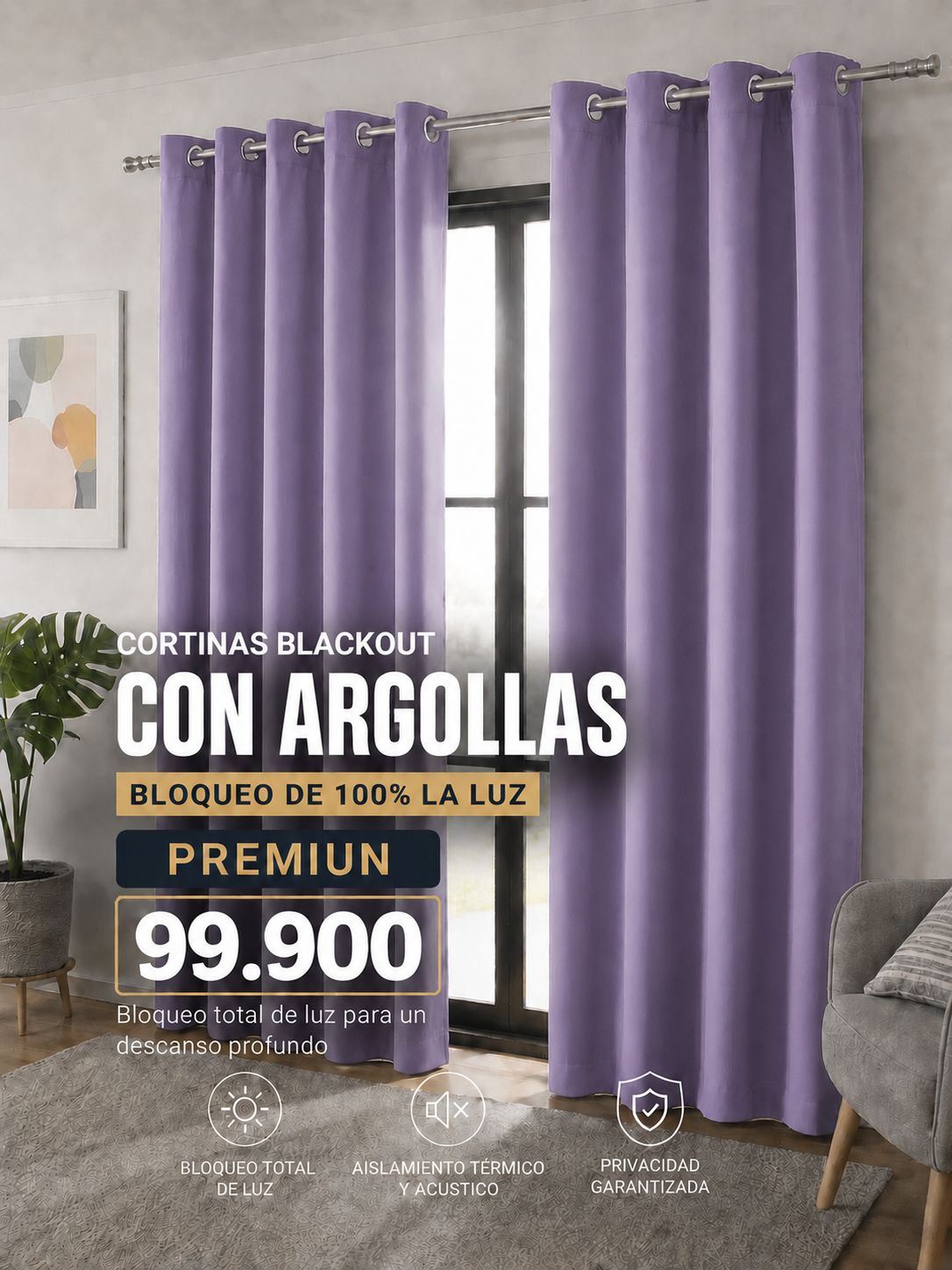 JUEGO DE CORTINAS INCLUYE 2 PANELES ANTILUZ- BLACKOUT CON ARGOLLAS PREMIUM  ( MEDIDA TOTAL . 3 METROS DE ANCHO X 2.30 DE ALTO)