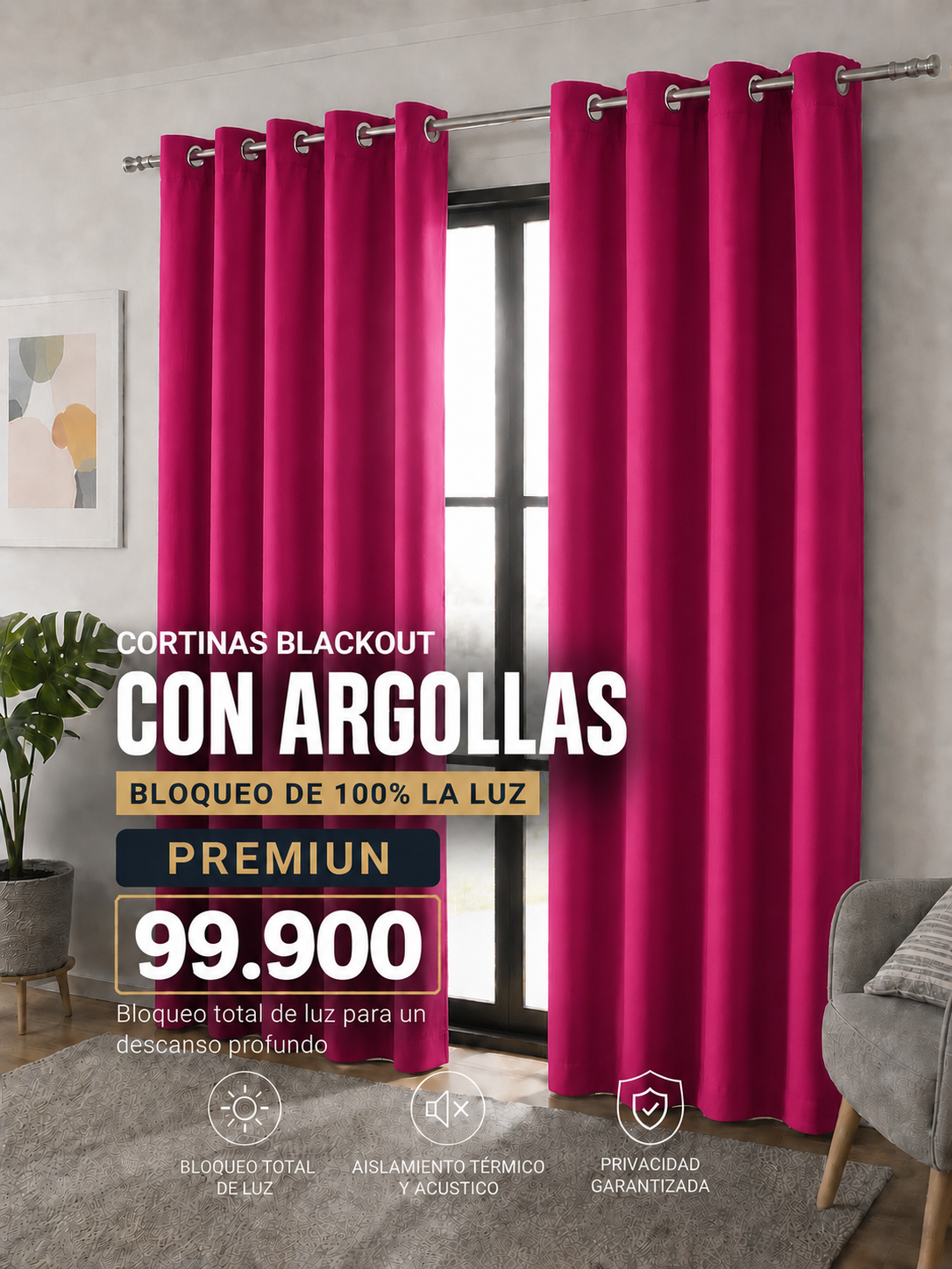 JUEGO DE CORTINAS INCLUYE 2 PANELES ANTILUZ- BLACKOUT CON ARGOLLAS PREMIUM  ( MEDIDA TOTAL . 3 METROS DE ANCHO X 2.30 DE ALTO)