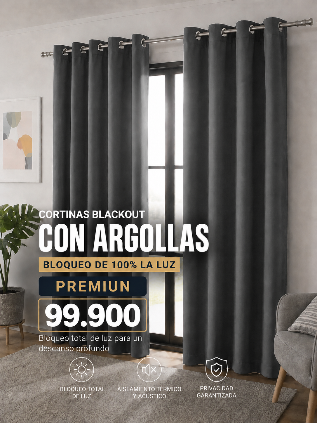 JUEGO DE CORTINAS INCLUYE 2 PANELES ANTILUZ- BLACKOUT CON ARGOLLAS PREMIUM  ( MEDIDA TOTAL . 3 METROS DE ANCHO X 2.30 DE ALTO)