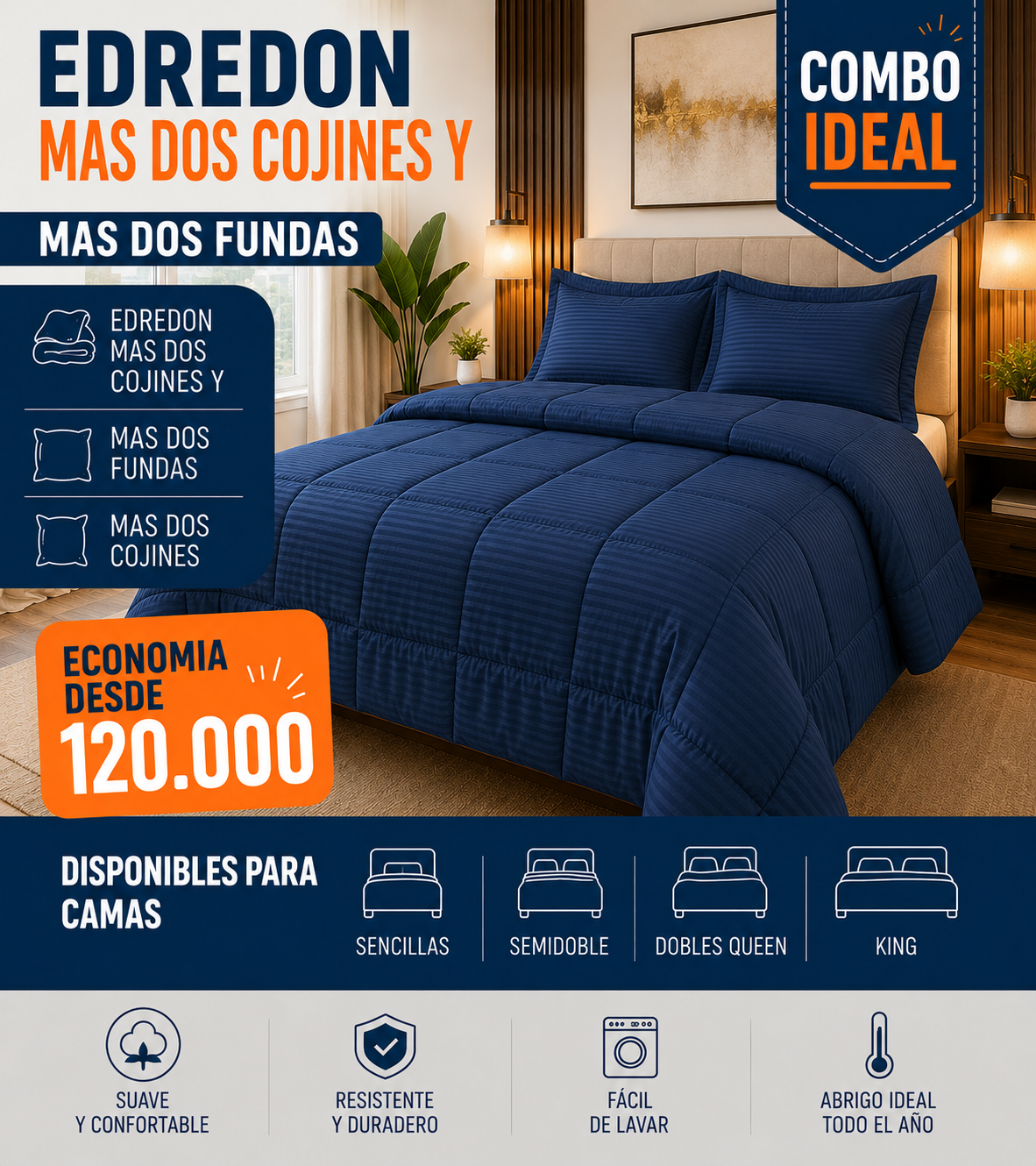 COMBO EDREDON  UNI 0 DOBLE FAZ + DOS FUNDAS + DOS COJINES