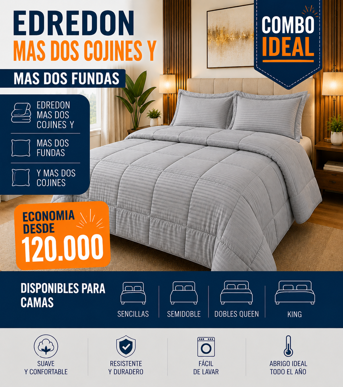 COMBO EDREDON  UNI 0 DOBLE FAZ + DOS FUNDAS + DOS COJINES