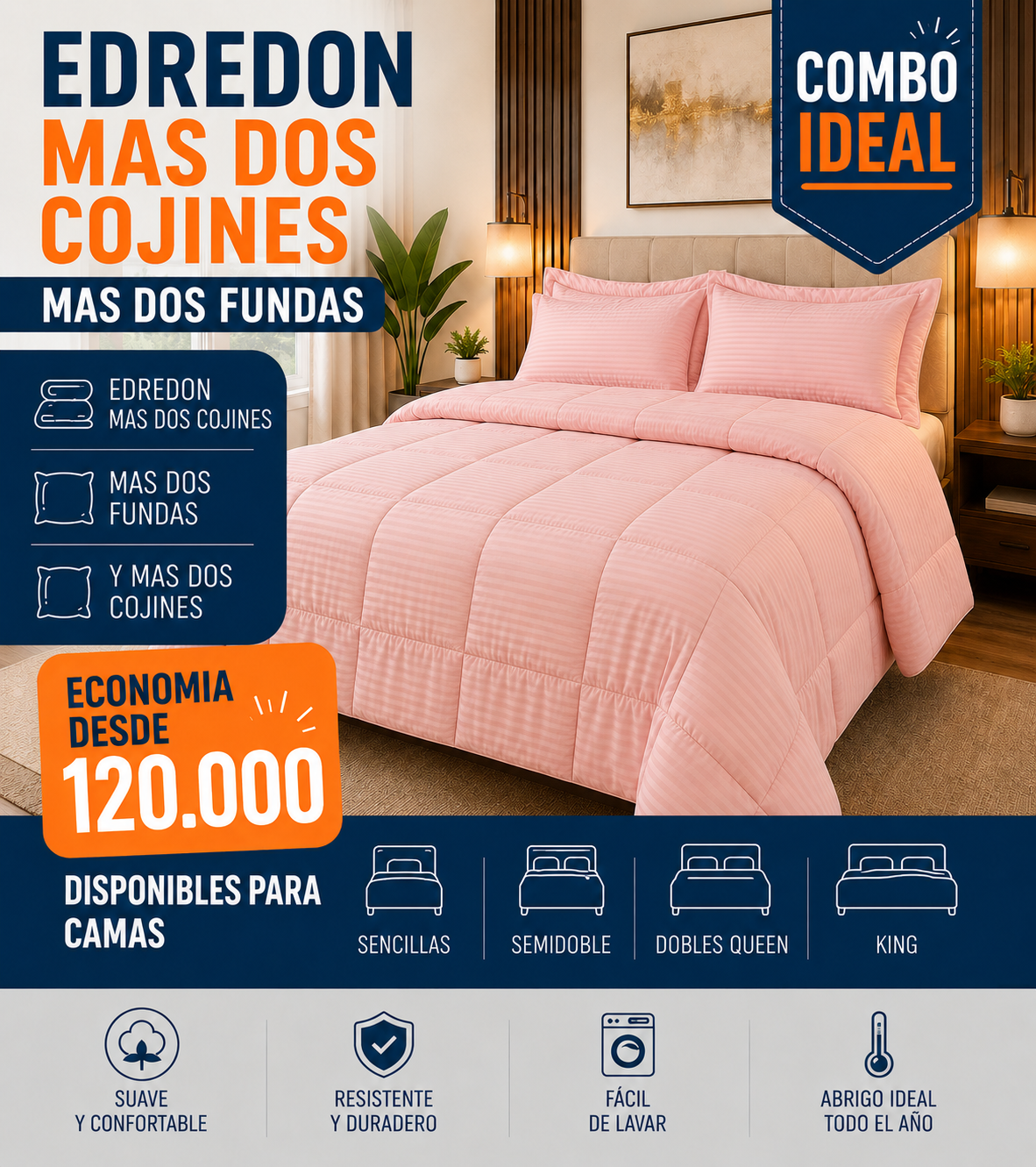 COMBO EDREDON  UNI 0 DOBLE FAZ + DOS FUNDAS + DOS COJINES