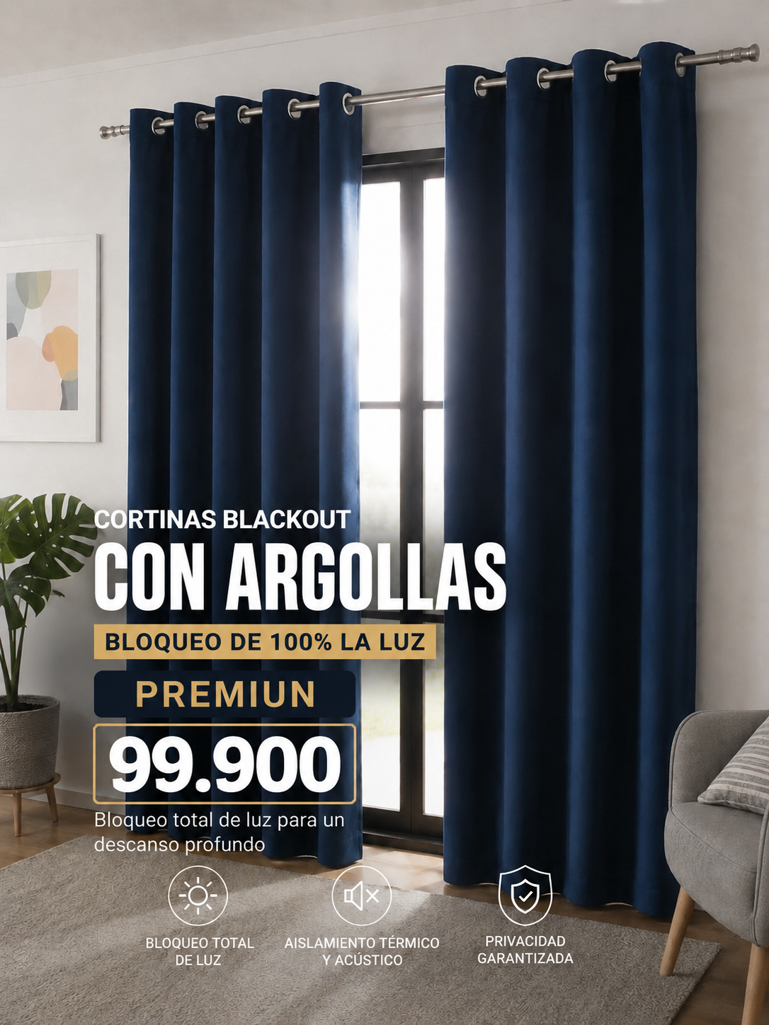 JUEGO DE CORTINAS INCLUYE 2 PANELES ANTILUZ- BLACKOUT CON ARGOLLAS PREMIUM  ( MEDIDA TOTAL . 3 METROS DE ANCHO X 2.30 DE ALTO)