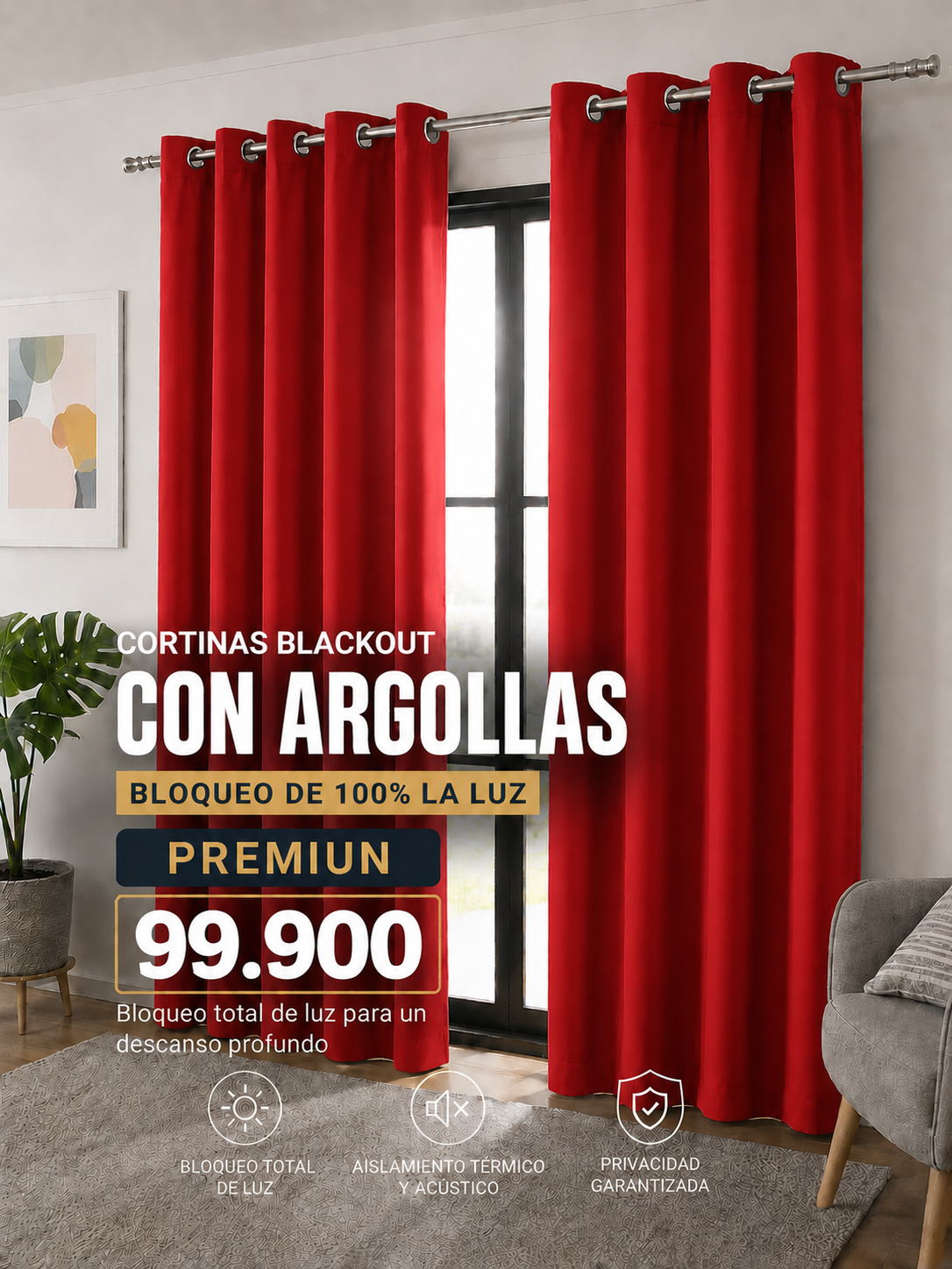 JUEGO DE CORTINAS INCLUYE 2 PANELES ANTILUZ- BLACKOUT CON ARGOLLAS PREMIUM  ( MEDIDA TOTAL . 3 METROS DE ANCHO X 2.30 DE ALTO)