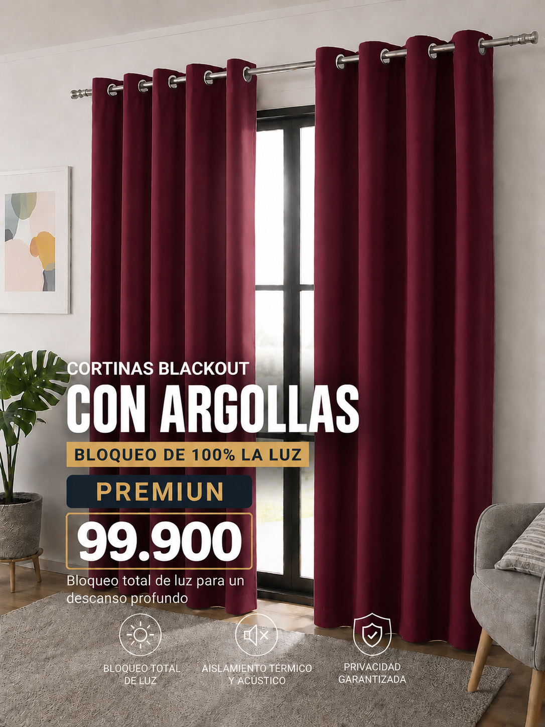 JUEGO DE CORTINAS INCLUYE 2 PANELES ANTILUZ- BLACKOUT CON ARGOLLAS PREMIUM  ( MEDIDA TOTAL . 3 METROS DE ANCHO X 2.30 DE ALTO)