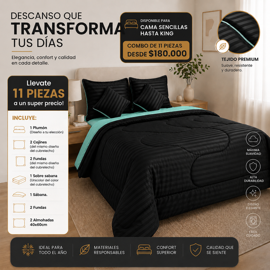 EDREDON DOBLE FAZ ACOLCHADO + 8 PIEZAS(2 COJINES, SABANAS DE 800 HILOS, SOBRESABANAS, FUNDAS) + 2 ALMOHADAS, TODO EN UN SOLO COMBO TOTAL 11 ARTICULOS