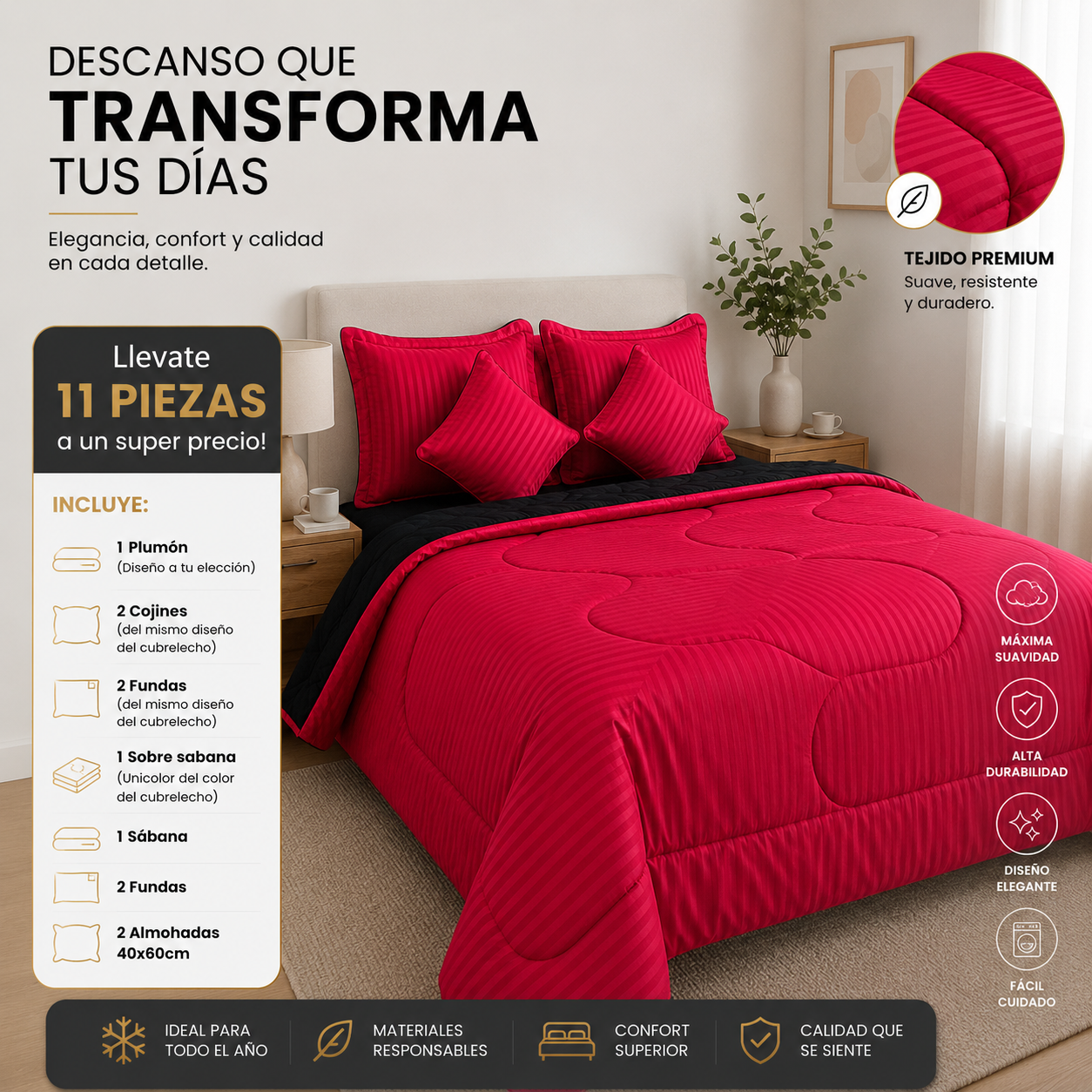 EDREDON DOBLE FAZ ACOLCHADO + 8 PIEZAS(2 COJINES, SABANAS DE 800 HILOS, SOBRESABANAS, FUNDAS) + 2 ALMOHADAS, TODO EN UN SOLO COMBO TOTAL 11 ARTICULOS