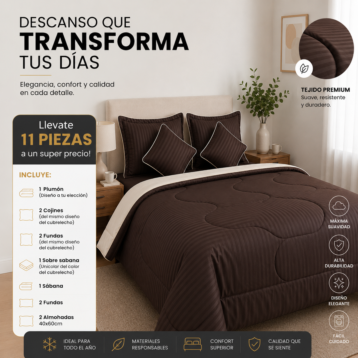 EDREDON DOBLE FAZ ACOLCHADO + 8 PIEZAS(2 COJINES, SABANAS DE 800 HILOS, SOBRESABANAS, FUNDAS) + 2 ALMOHADAS, TODO EN UN SOLO COMBO TOTAL 11 ARTICULOS
